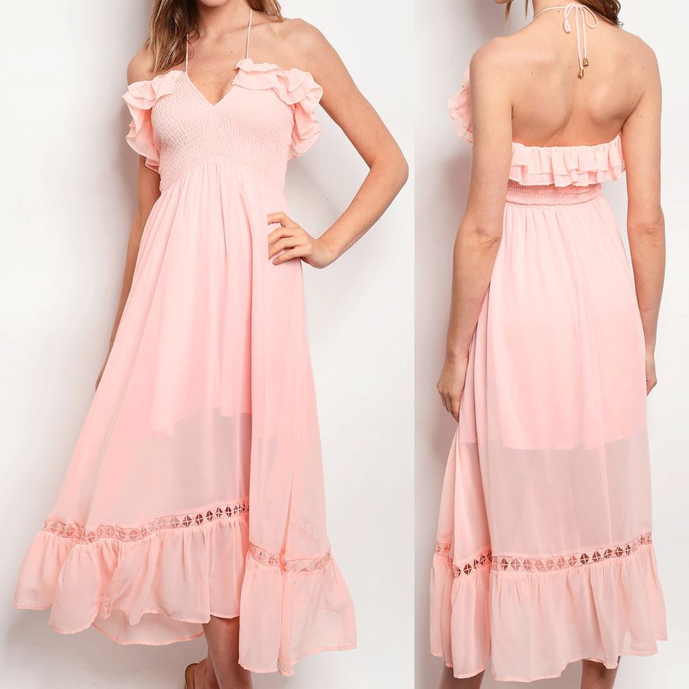 Bright Pink Chiffon Ruffle Halter Midi Maxi Dress - Picture 4 of 8
